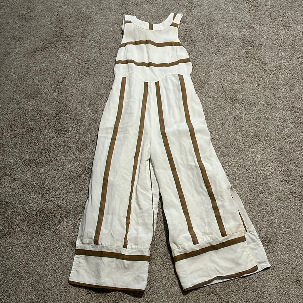 Striped Wide Leg Jumpsuit - White and Tan